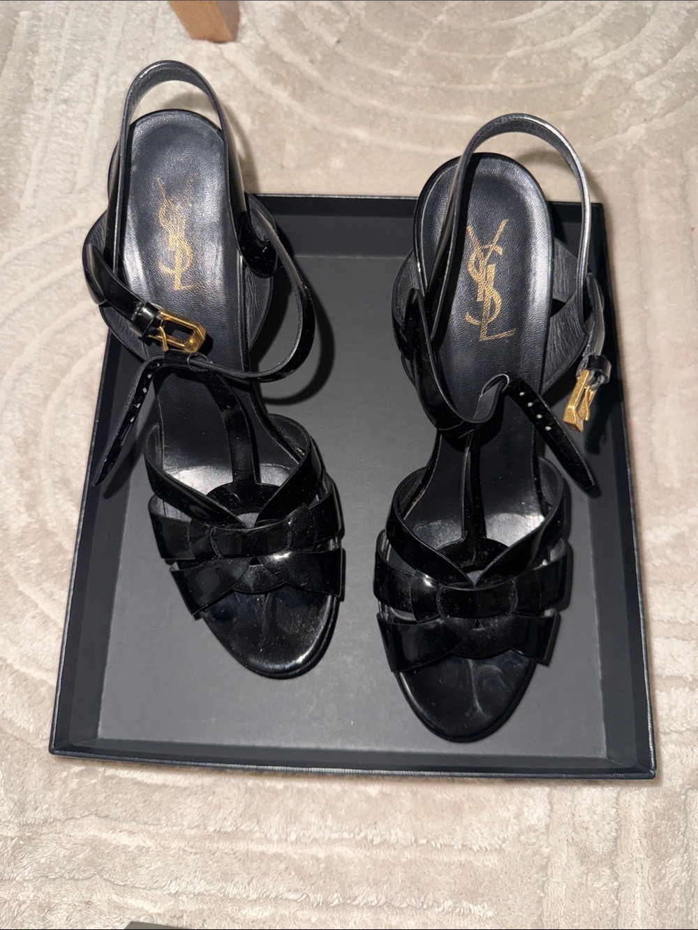 Saint Laurent Black Patent Leather Braided Slingback Sandals with Gold Buckle